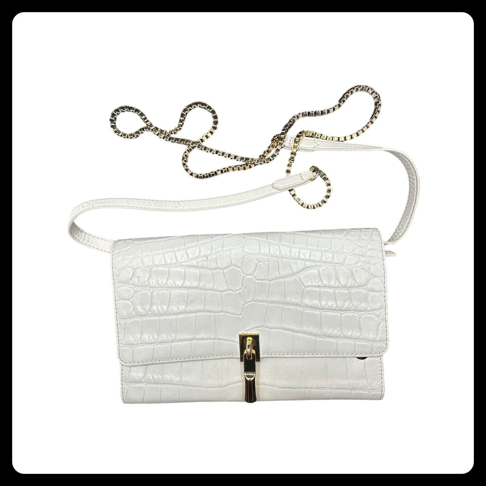 Elizabeth James White‎ Croc Embossed Leather Chain Crossbody Flap Bag